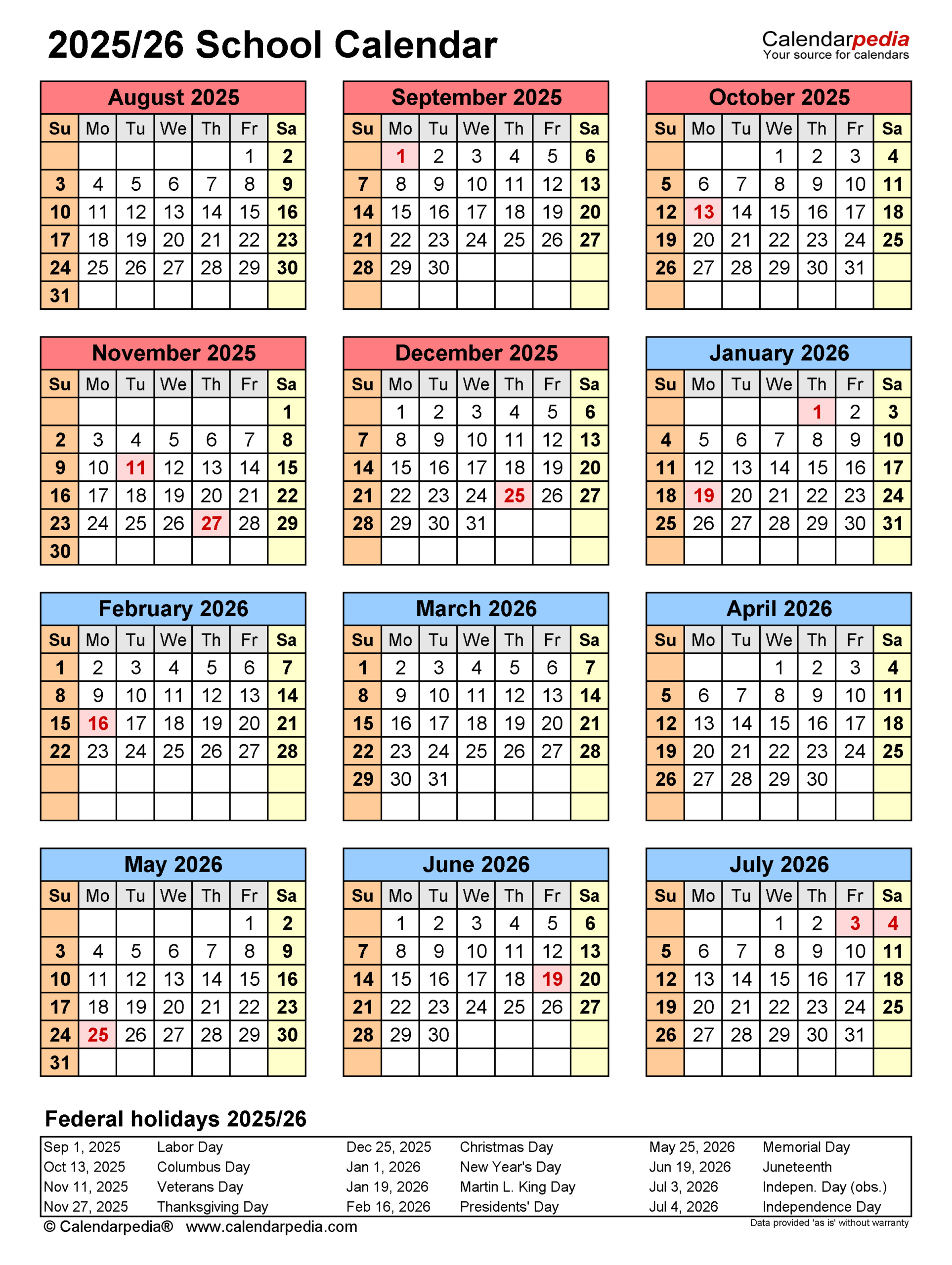 School Calendars 2025/2026 - Free Printable Pdf Templates within 2025-2026 Calendar With Holidays Printable