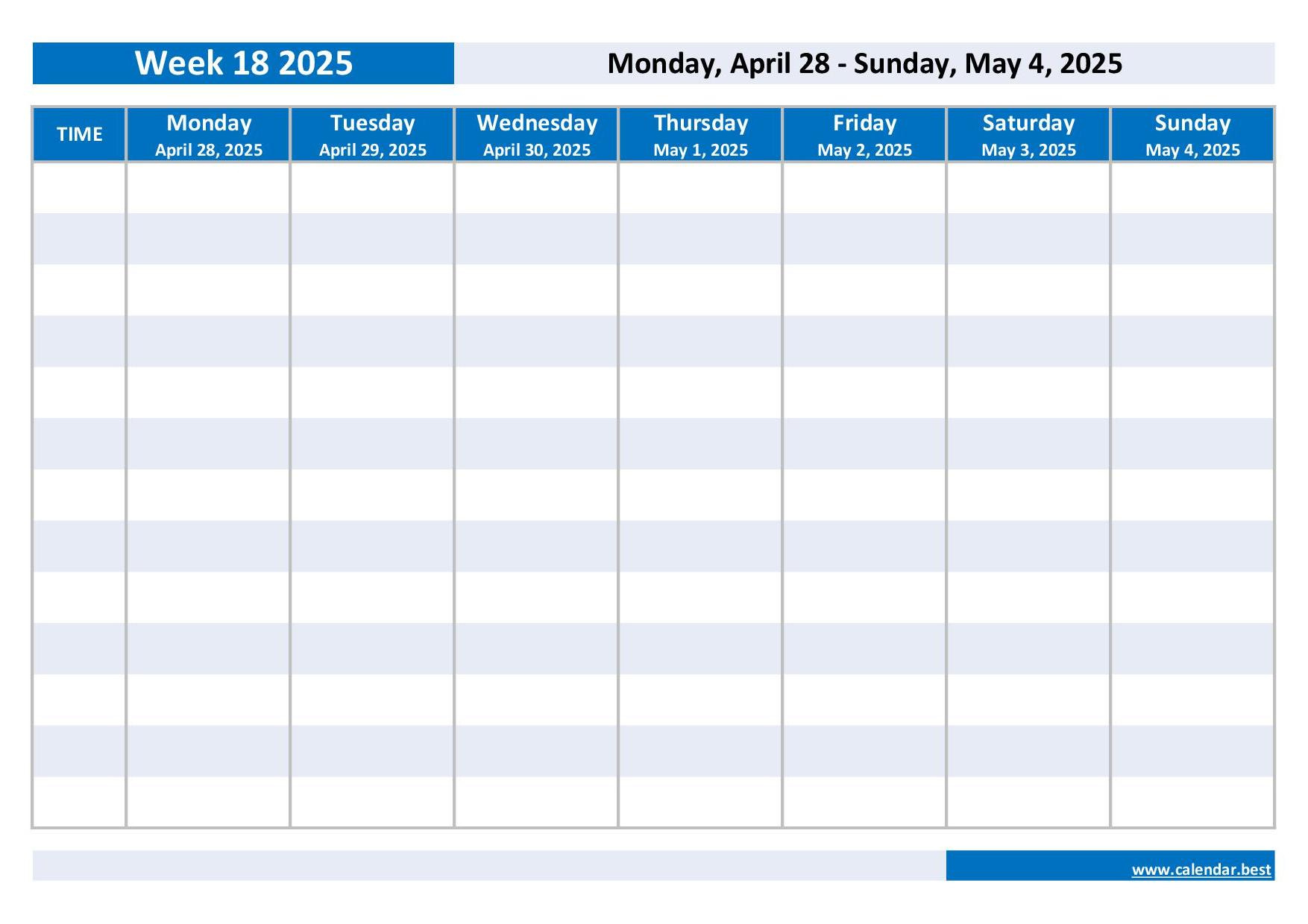 Week 18 2025: Dates, Calendar And Weekly Schedule To Print regarding Calendar 2025 18 Printable