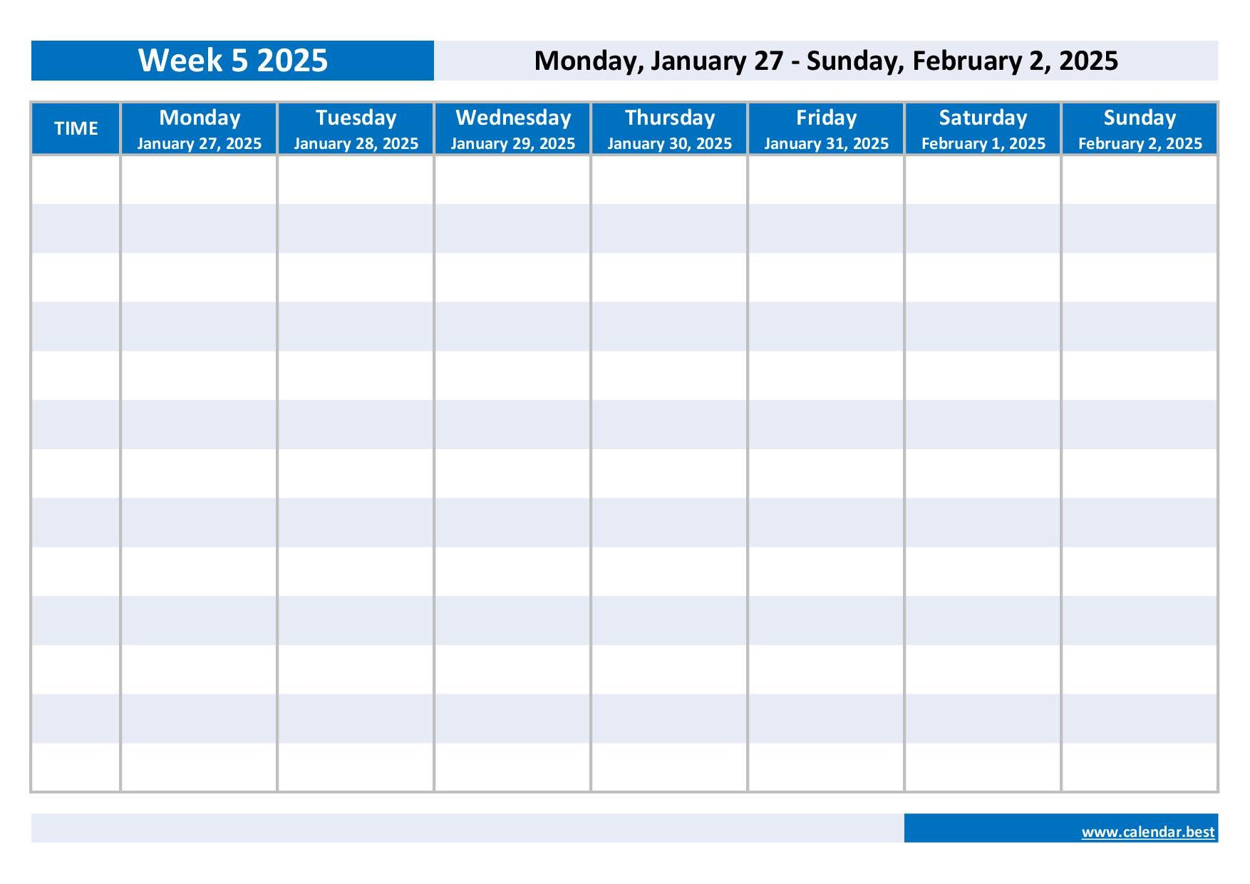 Week 5 2025: Dates, Calendar And Weekly Schedule To Print regarding Printable 5 Day Calendar 2025