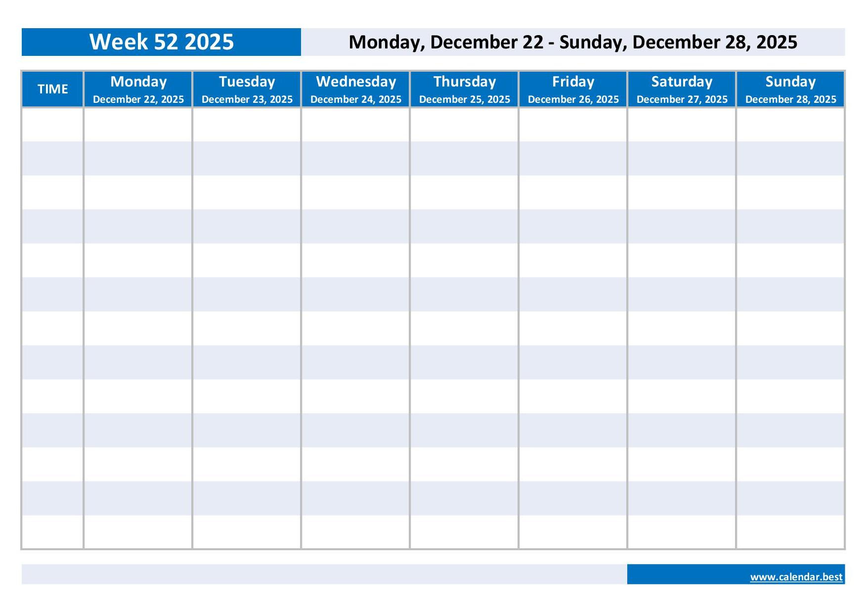 Week 52 2025: Dates, Calendar And Weekly Schedule To Print intended for Printable 52 Week Calendar 2025