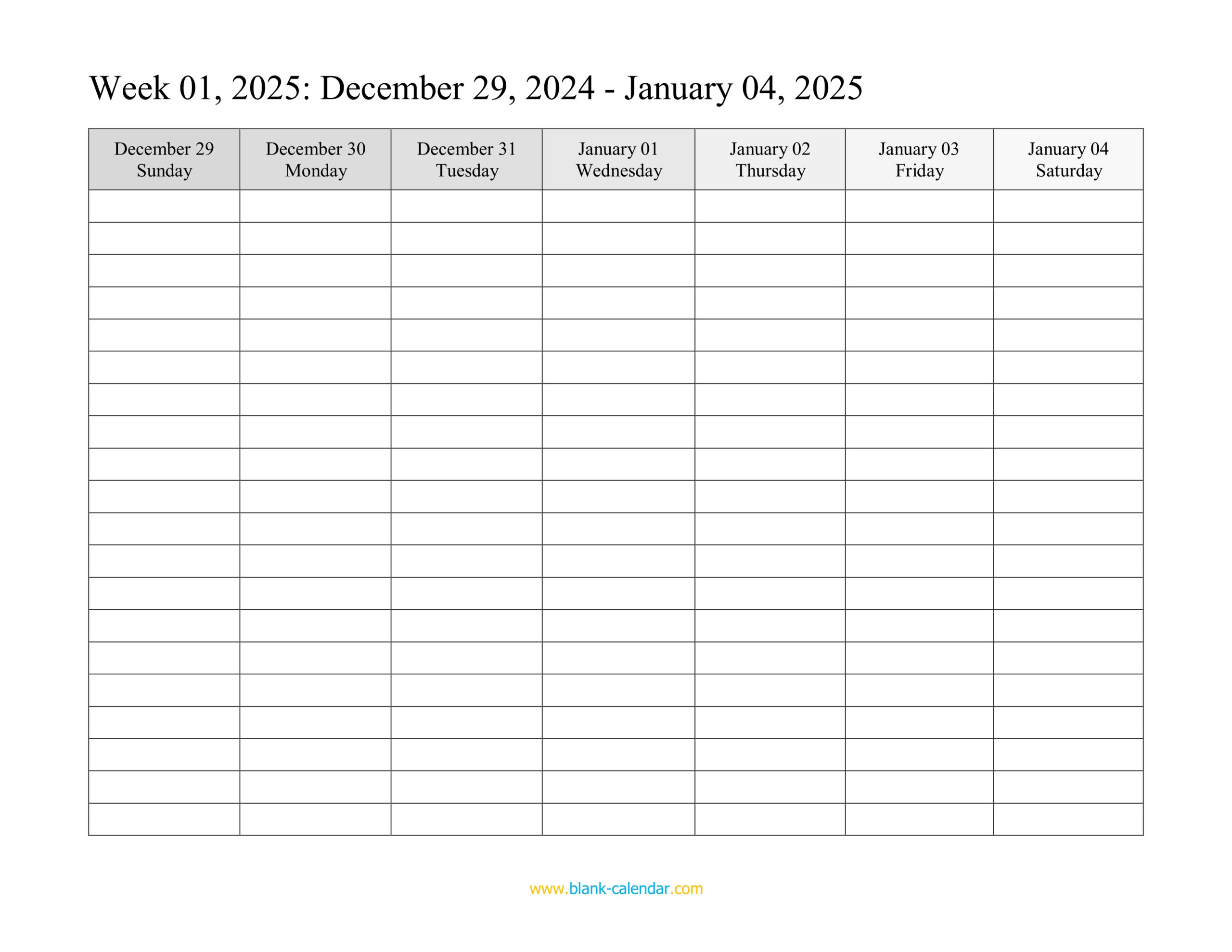 Weekly Calendar 2025 (Word, Excel, Pdf) in Blank Weekly Calendar 2025 Template Printable