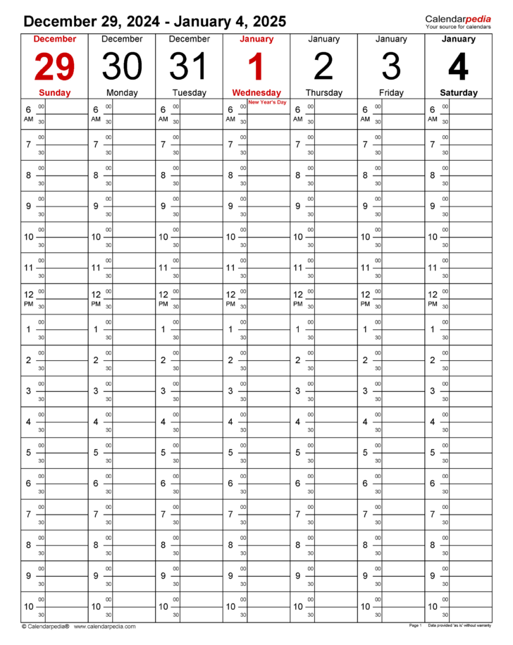 Weekly Calendar 2025 with Hours Printable