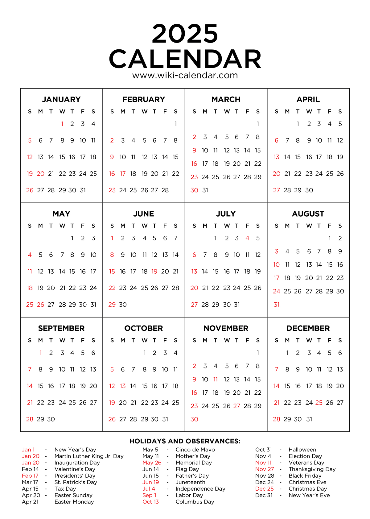 Year 2025 Calendar Printable With Holidays - Wiki Calendar for 2025 Calendar with Holidays Printable