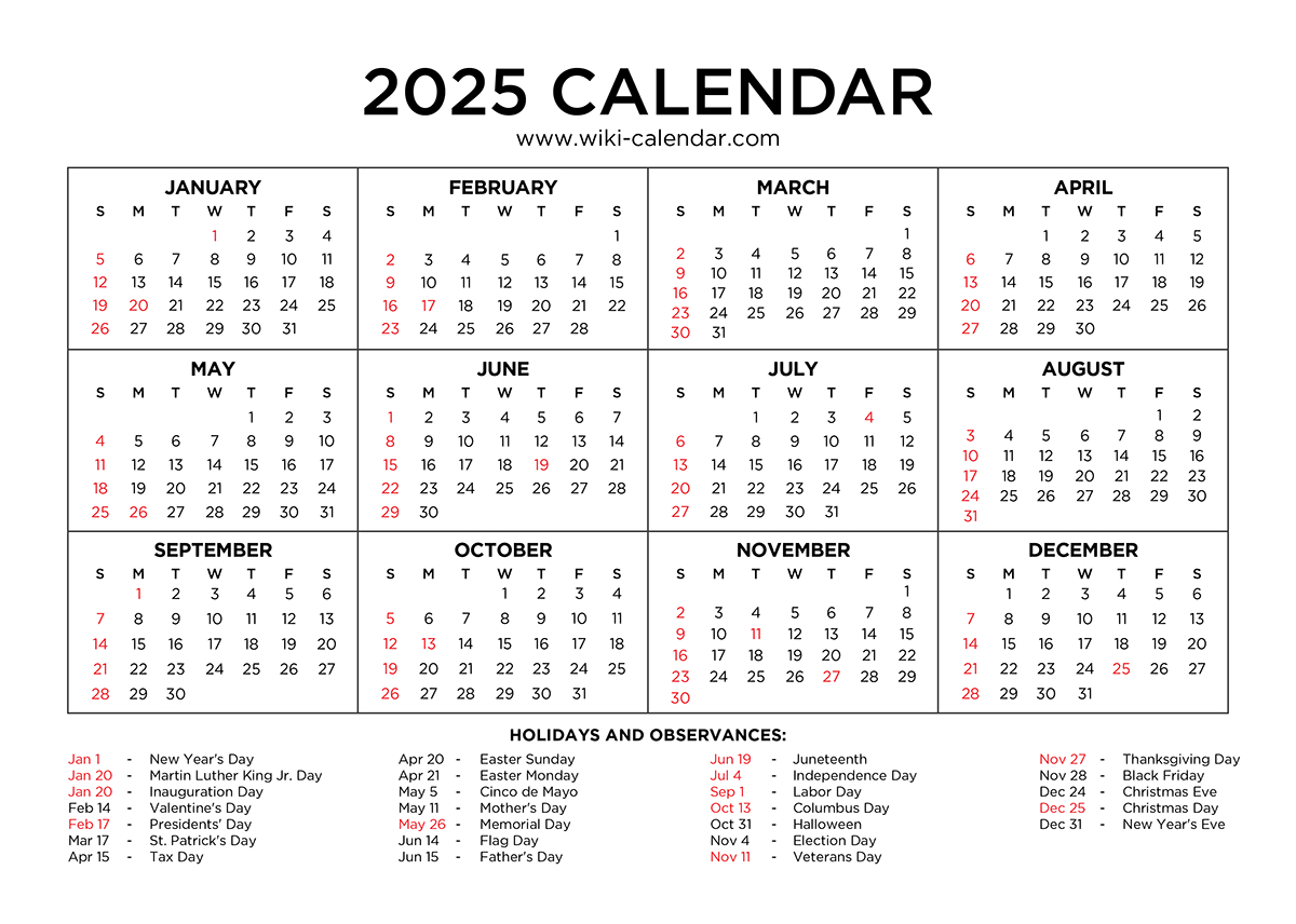 Year 2025 Calendar Printable With Holidays - Wiki Calendar in Calendar 2025 Maker Free Printable