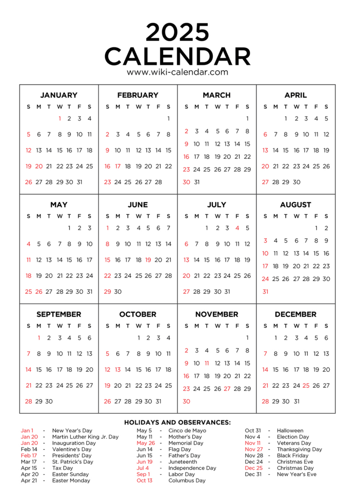 Free Printable 2025 Calendar with Us Holidays