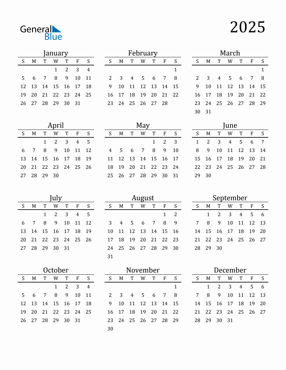 Year 2025 Free Printable 12-Month Calendar inside 2025 Calendar Printable General Blue