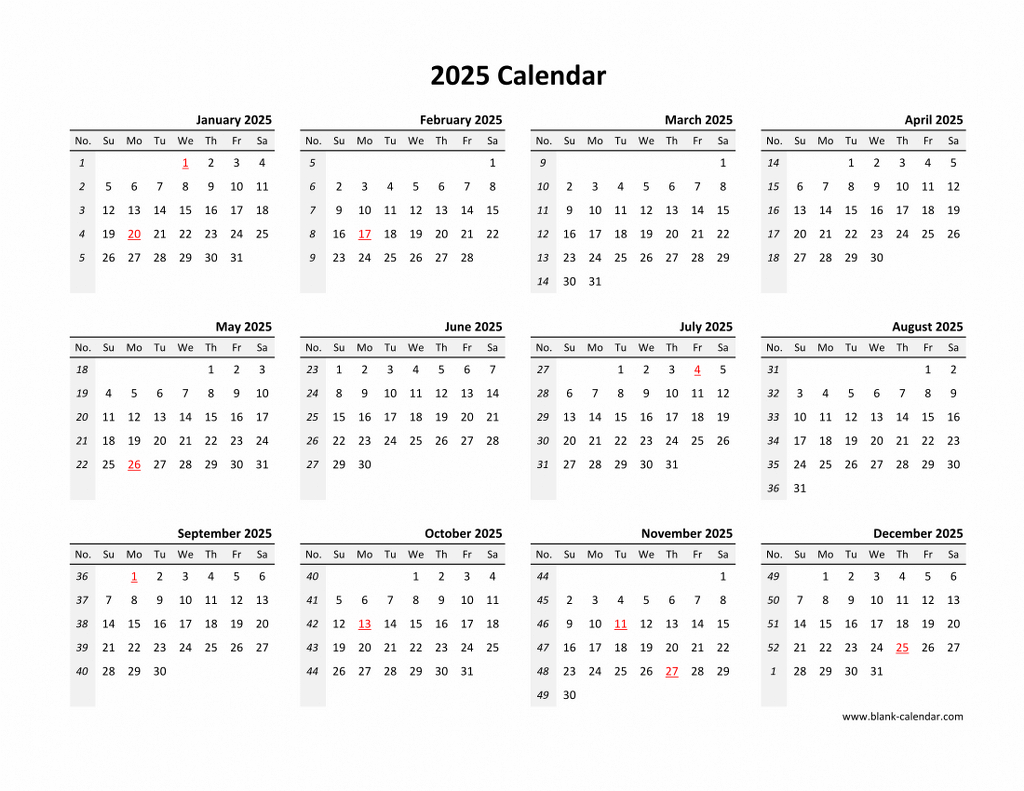 Yearly 2025 Calendars inside Printable Calendar 2025 Blank Template