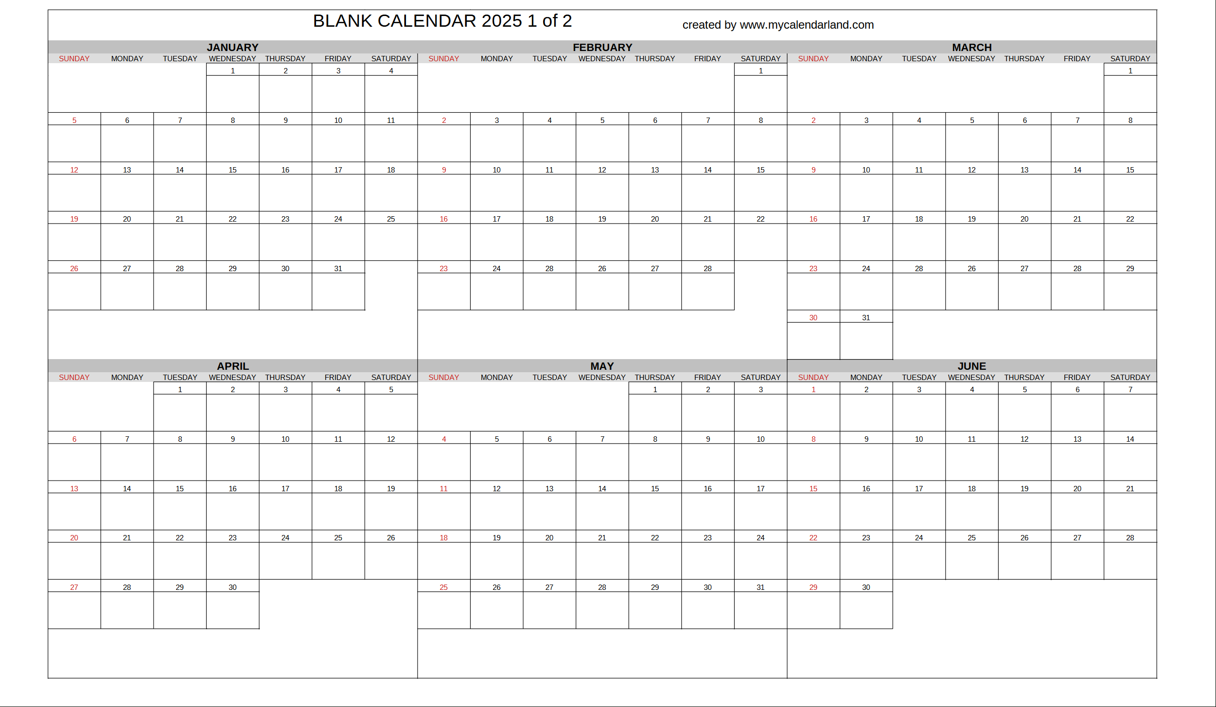 Yearly Printable Calendars For Free – My Calendar Land in Large Box Printable Calendar 2025