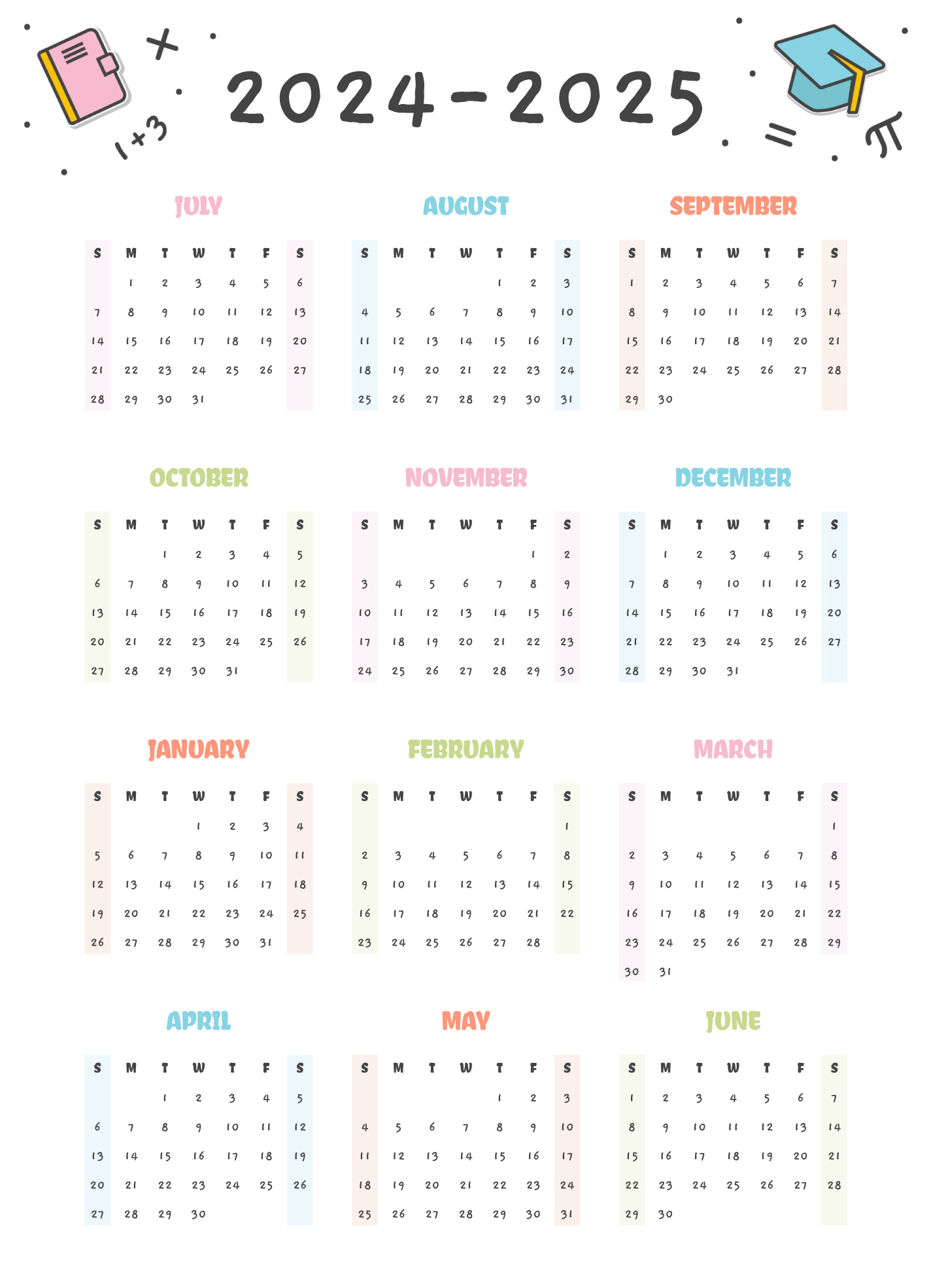 Yearly School Calendar 2024-2025 Free Google Docs Template - Gdoc.io pertaining to Google Free Printable Calendar 2025